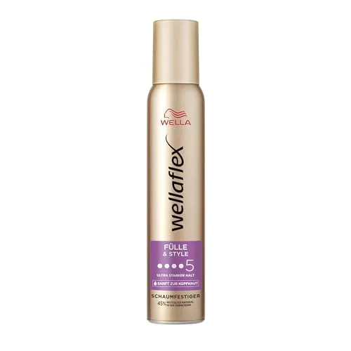 Wellaflex Fülle & Style Schaumfestiger für Frauen | Bis zu 24 Std. ultra starker Halt | Für volles, voluminöses Haar | Sanft zur Kopfhaut, dermatologisch getestet | Silikonenfrei | Haltegrad 5 | 200ml