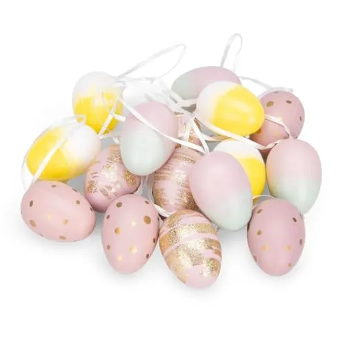 NaDeco 16x Ostereier zum Aufhängen – Kunststoff-Ostereier mit Muster – Osterdeko für Innen & Außen – Hängedeko für Osterstrauch – FrühlingsdekoㅤRosa-Weiß-Gelb