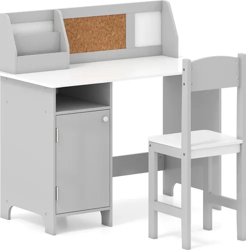Kinderschreibtisch-Set mit Stuhl und Bücherregal in grauem Holz