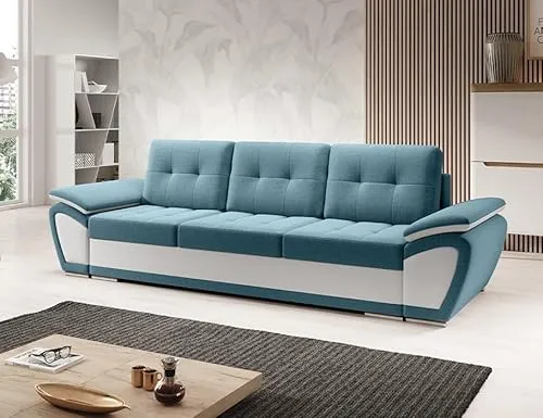 Sofa mit Schlaffunktion und Bettkasten - Ecksofa fur 3 Personen aus Velours - ENZO - Bequem Schlafsofa - Elegant Couch - Modern Couch 263x91x92 cm - Türkis-Weiß - MODERNO
