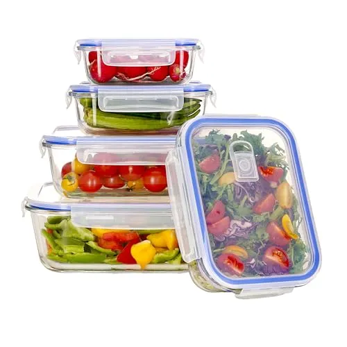 Meisterhome® - Frischhaltedosen aus Glas- Vorratsdosen - für Lebensmittel, 5er-Pack (5 Behälter + 5 Deckel) - Transparente Erstklassig Glasbehälter mit Deckel - BPA-frei – Luftdicht