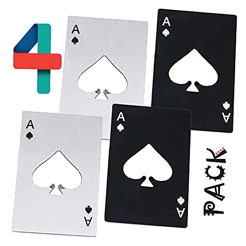WZLEMOM 4 Stück Set Flaschenöffner, Pokerflaschenöffner, personalisierter lustiger Bierflaschenöffner, Edelstahl flach Casino Flaschenöffner, biergeschenke, Spaten Bieröffner, 2 Silber & 2 Schwarz