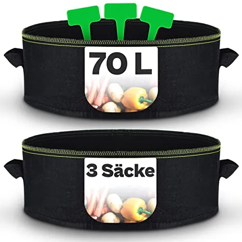 Praknu Hochbeet Pflanzsack 70L - 3 STK aus Vliesstoff mit 3 Pflanzenschilder zum Beschriften - mit Griff - Für Gemüse, Pflanzen & Blumen - Stofftöpfe - Grow Töpfe - Pflanzbeutel - Blumentopf Stoff