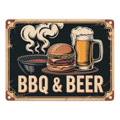 Burger und Bier Metallschild in 15x20 cm BBQ und Beer Vintage Blechschild lustig für Grillfans und Bierliebhaber