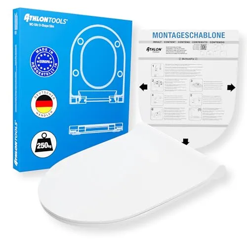 ATHLON TOOLS D-Form WC-Sitz mit Soft-Close aus Duroplast bis 250kg, Quick-Release, Toilettendeckel mit Absenkautomatik (D-Form - Premium Slim)