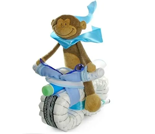 Windelmotorrad Junge blau ROCKSTAR mit Fahrer inkl. Baby Kuscheltier / 45-teilig - Geschenk zur Geburt / 45 cm