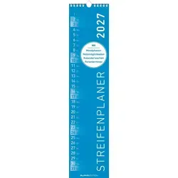 Streifenplaner BLAU 2027: schmaler Wandkalender 11,3x49,5 cm mit farblich markierten Wochenenden, Feiertagen & Mondphasen, ideal für Haushalt, Fam... - Blau