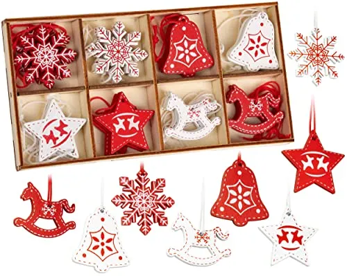 BRUBAKER 24-TLG. Weihnachtsanhänger Set - Baumschmuck Rot Weiß aus Holz 3-4 cm - Schaukelpferde Sterne Glocken - Dekohänger Weihnachten - Holzanhänger Weihnachtsbaum - Christbaumschmuck
