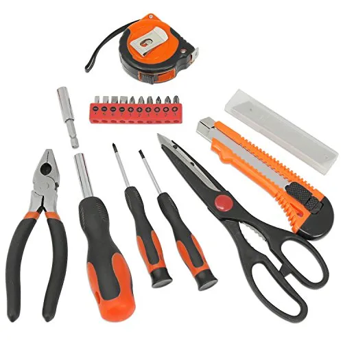 com-four® 19-teiliges Werkzeug Set für Heimwerker mit Steck-Schraubendreher, Verschiedene Bits, Maßband, Zange, Cutter-Messer und Schere (19-teilig - Werkzeugset mit Schere)