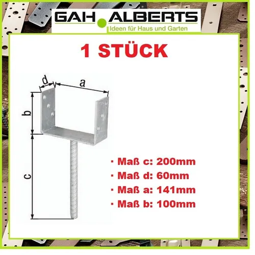 GAH Stahl Betonanker U-Pfostenträger 141x100x200x60mm U-Schuh U-Anker verzinkt