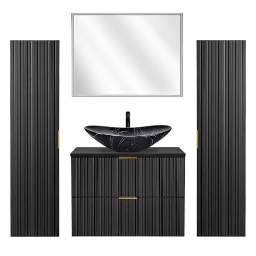 Lomadox Badmöbel-Set ADELAIDE-56-BLACK - Badmöbel-Set in elegantem schwarz marmoriert, inklusive LED-Spiegel für stimmungsvolle Beleuchtung, ideal für moderne Badezimmer.