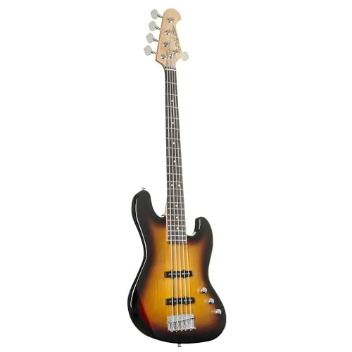 J & D JB/5 5-String Bass Sunburst, E-Bass, Erlekorpus, Ahornhals, Palisandergriffbrett, Alnico Single Coil Tonabnehmer, 34 Zoll Longscale Mensur, Hochglanz-Finish, Passive Elektronik
