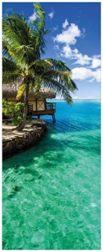 Wallario Glasbild Karibisches Meer Einsame Hütte unter Palmen - 32 x 80 cm Wandbilder Glas in Premium-Qualität: Brillante Farben, freischwebende Optik