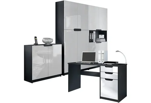Vladon Aktenschrank Logan - modernes Büromöbel-Set in Schwarz matt/Weiß Hochglanz - Die Büroserie Logan vereint Funktionalität und elegantes Design. Ideal für Home-Office oder professionellen Einsatz, bietet sie robuste Möbel mit hochwertigen Designelementen und flexiblen Frontfarben.