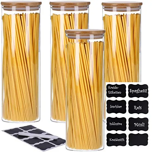4er Set Vorratsglas mit Bambusdeckel und Kreidetafel-Stickern (4 x 2200ml) - Stabile Borosilikatglas-Behälter mit hitzebeständigem Deckel, der Lebensmittel frisch hält. Ideal für die Aufbewahrung, spülmaschinenfest und BPA-frei.