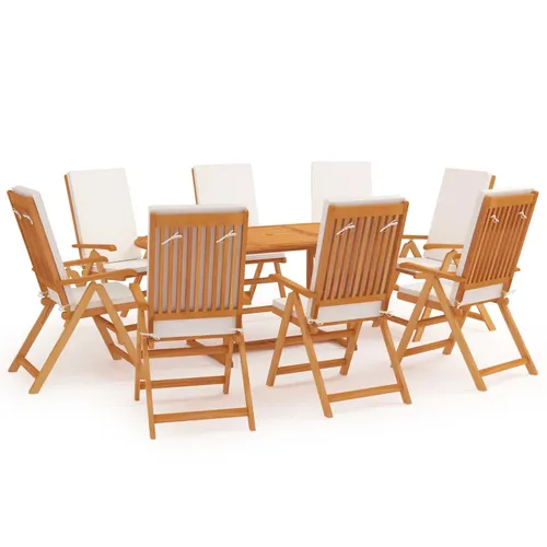 vidaXL 9-tlg. Garten-Essgruppe mit Kissen aus Teak - Gartenmöbel-Set aus robustem, witterungsbeständigem Teakholz, ideal für Garten und Terrasse. Inklusive 8 komfortabler Stühle mit verstellbaren Rückenlehnen und klappbarem Design für einfache Lagerung.