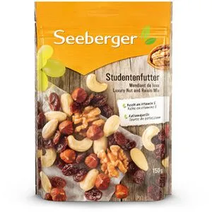 Seeberger Studentenfutter 150 g - 12er Pack - Nüsse & Trockenfrüchte, edle Mischung aus getrockneten Weinbeeren, Nüssen und reich an Vitamin E für einen gesunden Snack.