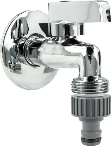 tecuro Mini-Kugelauslaufventil 1/2 Zoll x 3/4 Zoll mit Wandrosette & Steckkupplung, MS-verchromt