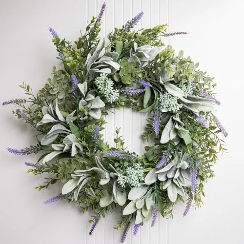 Perfnique Türkranz Ganzjährig 50 cm – Künstlicher Frühlings- & Sommerkranz mit Lammohren, Lavendel & Eukalyptus