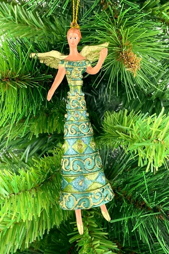 Baumschmuck Engel in einem langen verzierten Kleid in grün türkis gold 16cm