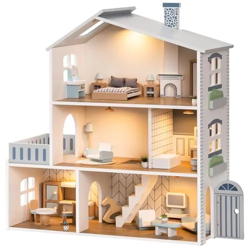 ROBUD Puppenhaus aus Holz Lichtern,3 Etagen, inklusive Möbeln und Treppe,Spielzeug für Kinder ab 3 Jahre