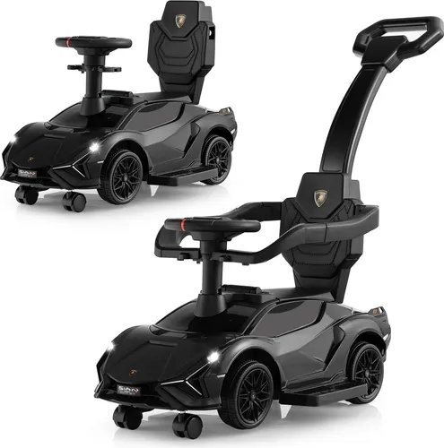 COSTWAY Lizenziertes 3-in-1 Lamborghini-Fahrzeug mit abnehmbaren Geländern, Schiebegriff, Musik, Scheinwerfern, verstecktem Stauraum Schwarz