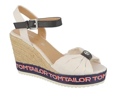 TOM TAILOR Sandalette - Wanderschuhe mit 10 cm hohem Keilabsatz, verstellbarem Riemchen für perfekten Halt und stylischem Design in Weiß und Blau – ideal für den Sommer!