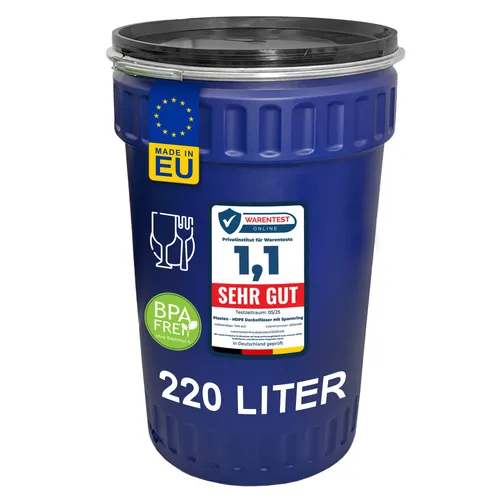 plasteo® 220 Liter Universalfass mit Deckel und Spannring Weithalsfass Regenfass Kunststofffass Deckelfass Maischefass Sauerkrautfass konisch nestbar
