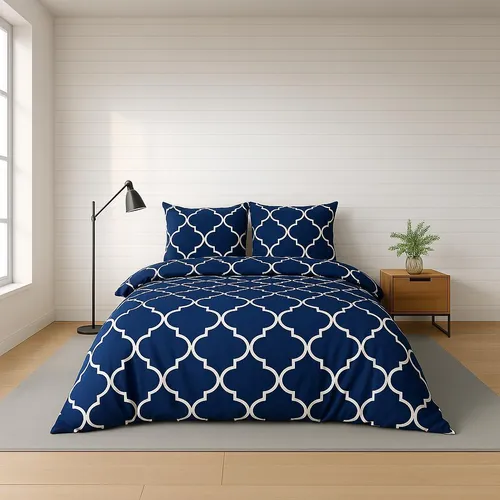 Bettwäsche 200x200 cm. 3-teilig Set 100% Baumwolle Bettbezug Blau Weiß Orientalisches Design