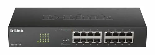 D-Link DGS-1016D Gigabit Switch (16 Ports, 10/100/1000 Mbit/s, einfache Plug & Play-Installation, lüfterlos), Schwarz, Metallisch