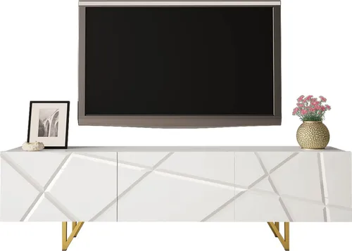 MIRJAN24 TV-Lowboard RTV 180 Radom 01 - Stylischer TV-Schrank in Weiß mit Hochglanz-Oberfläche und eleganten goldenen Metallfüßen, perfekt für ein modernes Wohnzimmer.