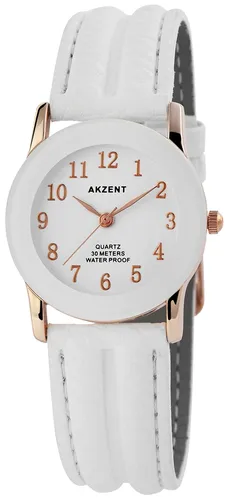 Akzent Damenuhr mit Kunstlederionarmband - Weiß - Damenuhr mit hochwertigem Quarzwerk, 3 ATM wasserdicht und stylischem Kunstlederionarmband in Weiß, ideal für jeden Anlass.