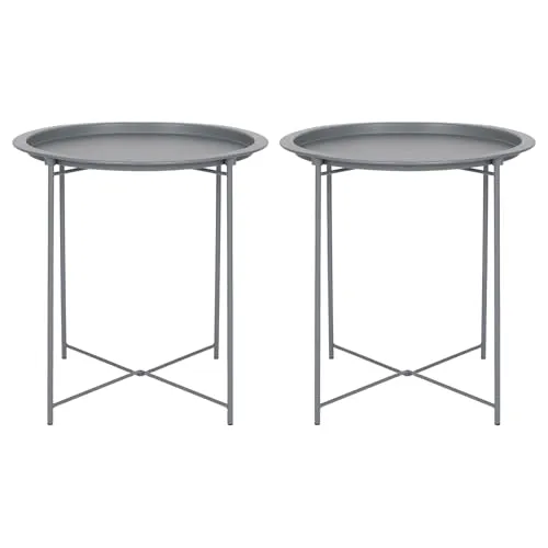 Harbour Housewares 2X Mattgrau Runden Tabletttische aus Stahl - Klein Tragbar Falten Fernseher Abendessen Wohnzimmer Bett Seite Sofa Tische mit Ständer Beine