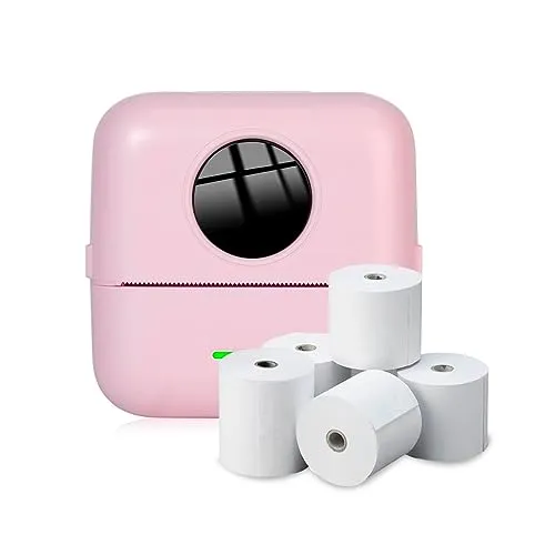 NK tragbare Fotodrucker mit 5 Rollen Thermopapier, multifunktionale Mini-Bluetooth-Drucker für Mobiltelefone, USB-Kabel, kompatibel mit iOS und Android, Rosa
