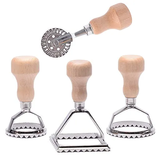 MASTER FENG Ravioli Ausstecher Former, Teigtaschenrad Former mit Holzgriff und Geriffelter Kante Pasta Nudel Press Kitchen Attachmen - 4er Set