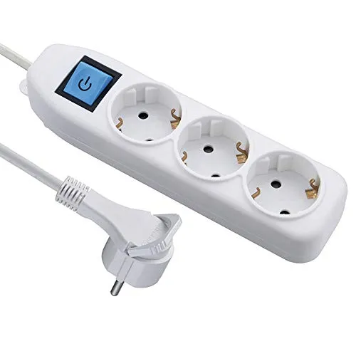 Electraline 62442, Steckdosenleiste 3-Fach mit Schalter, Kabel 3m / Mehrfachsteckdose/Tischsteckdose Steckerleiste, Weiß, 3 M mit mit extra flachem, platzsparendem Stecker