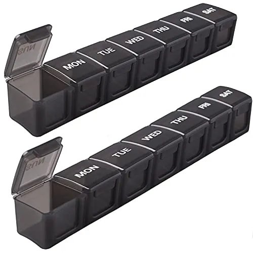 Asija Tablettenbox 7 Tage, Schwarz Pack of 2 XL Large Pill Box | 7 Compartments, Easy to Open, Pack of 2 Medicine Box for Medications, Vitamins, Fish Oil, Dietary Supplements