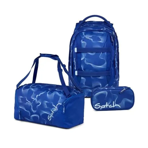 satch Pack Schulrucksack Set 3tlg. (Vibrant Blue) mit Schlamperbox und Sporttasche - Schultaschen Set mit innovativem 3D Soft-Mesh Rückensystem für optimalen Tragekomfort und Stabilität. Inklusive Schlamperbox für alle Schulutensilien.