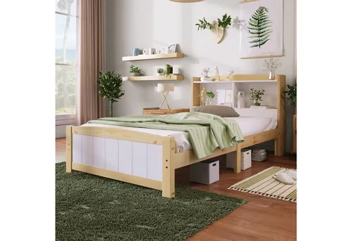 OKWISH Kiefernholz Bett 90x200 cm mit Lattenrost und Stauraum-Kopfteil - Das Einzelbett in 90x200 cm vereint modernes Design mit praktischem Stauraum. Ideal für Kinder- oder Jugendzimmer, bietet es Platz für Bücher und Spielzeug. Stabil aus Massivholz und MDF, inklusive Lattenrost für besten Halt.