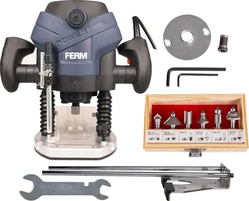 FERM PRM1015 Oberfräse - 1300W mit LED-Arbeitslicht - Fräsmaschine mit ergonomischen Softgrip-Handgriffen, präziser Tiefeneinstellung und integriertem Vakuum-Adapter für sauberes Arbeiten.