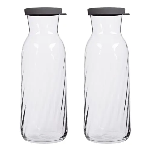 LAV 2X Grauer Deckel 1.2L Fonte Optik Glas Karaffe - Wasser Wein Saft Kühlschrank Lagerung Krug-Set | Nachttisch Wäscherei Spenderflasche