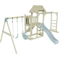 OutdoorToys Spielturm Helsingborg – Abenteuer im Garten - Erlebe mit dem OutdoorToys Spielturm Helsingborg unvergessliche Abenteuer! Aus robustem Holz gefertigt, bietet er zwei Schaukeln und eine Wellenrutsche. Ideal für actionreiche Spielstunden im eigenen Garten!