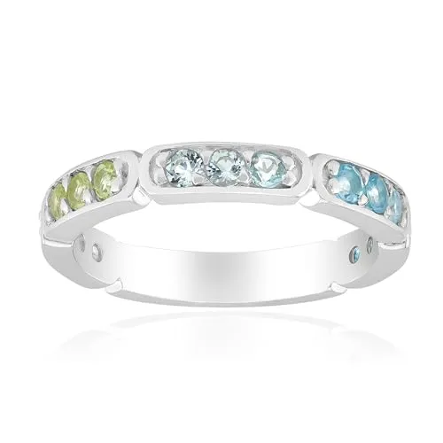 Cavill Edelsteinring 925 Sterling Silber, bunter Topas und Peridot Rundschliff, eleganter Damenring mit weißem, blauem und grünem Edelsteinbesatz, modern und vielseitig