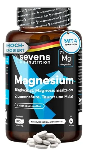 Magnesium Komplex Hochdosiert - Premium – 418 mg elementares Magnesium pro Tagesdosis – Mit 4 hochwertigen Verbindungen: Bisglycinat, Citrat, Malat und Taurat – 180 Tabletten – Sevens