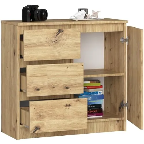 BDW - Kommode mit 3 Schubladen und 1 Tür - 80 cm breit, 77 cm hoch - Schrank, Sideboard, Mehrzweck-, Schuhschrank, Schubladenkommode, Aktenschrank - Wohn-, Schlafzimmer, Flur - Eiche Artisan