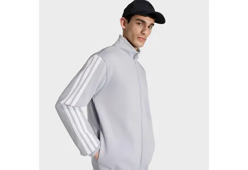 adidas Herren SPORTSWEAR BASIC 3 STRIPES FLEECE TRAININGSANZUG, halo silver, M - Bequemer Trainingsanzug mit durchgehendem Reißverschluss und Stehkragen. Hergestellt aus recycelten Materialien, ideal für sportliche Aktivitäten und Freizeit.