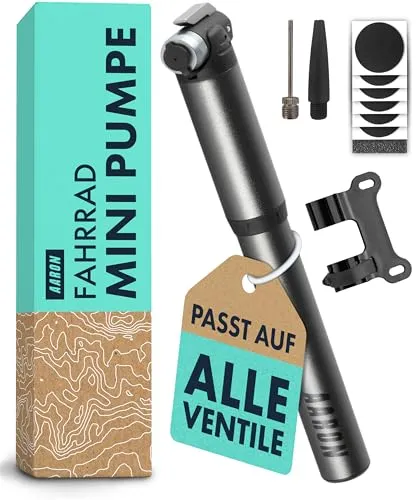 AARON Pocket One Mini Fahrradpumpe - Kompakte Handpumpe für alle Ventile - Luftpumpen für alle Ventile - Die AARON Pocket One ist eine leistungsstarke, kompakte Mini Pumpe mit stabiler Aluminiumkonstruktion und gratis Pannenset, ideal für unterwegs.