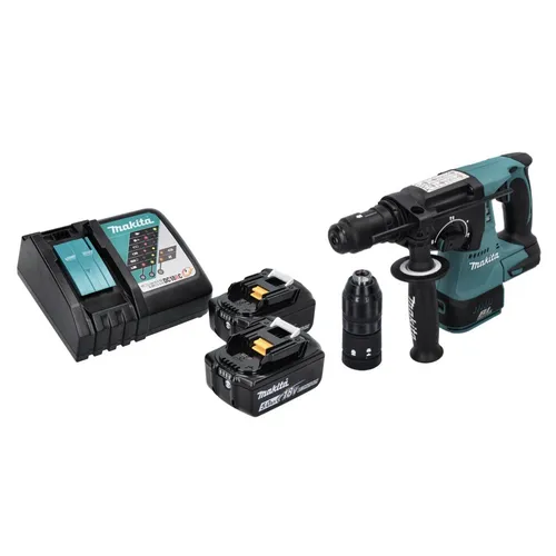 Makita DHR 243 RT Akku Bohrhammer 18 V SDS plus - Akkubohrhammer mit 18 V und zwei 5,0 Ah Lithium-Ionen-Akkus. Ideal für kraftvolle Bohr- und Meißelarbeiten, inkl. Ladegerät und Zusatzgriff für optimale Handhabung.