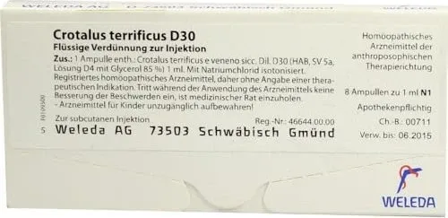 Crotalus Terrificus D 30 Ampullen 8 ml - Homöopathisches Heilmittel - Crotalus Terrificus D 30 Ampullen, ideal zur Unterstützung bei Schmerzlindung und Entgiftung, perfekt für die ganzheitliche Gesundheitsförderung.