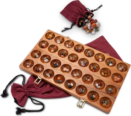 Hus Spiel mit Metallverschlüssen Gold und großem Stoffbeutel – für 2 Spieler – Bao – Kalaha – mit Edelsteinen und Stoffbeutel